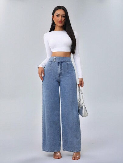 SHEIN Tall سراويل جينز نسائية طويلة طويلة بقصة واسعة فضفاضة ذات خصر مرتفع، بنمط أزرق مستقيم