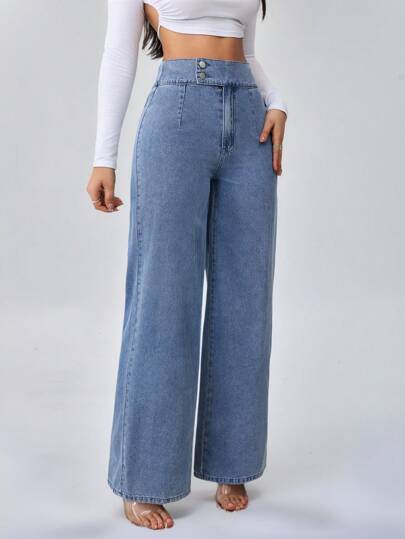 SHEIN Tall سراويل جينز نسائية طويلة طويلة بقصة واسعة فضفاضة ذات خصر مرتفع، بنمط أزرق مستقيم