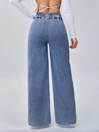 SHEIN Tall سراويل جينز نسائية طويلة طويلة بقصة واسعة فضفاضة ذات خصر مرتفع، بنمط أزرق مستقيم