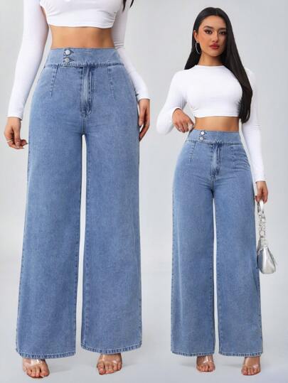 SHEIN Tall سراويل جينز نسائية طويلة طويلة بقصة واسعة فضفاضة ذات خصر مرتفع، بنمط أزرق مستقيم