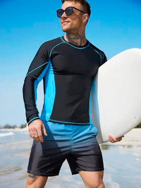 Surfspeed مجموعة سباحة للرجال 2 قطعة تتكون من ملابس علوية بأكمام طويلة ذات رقبة دائرية وقصيرة بخطوط ملونة ، وسروال سباحة، أسلوب هاواي