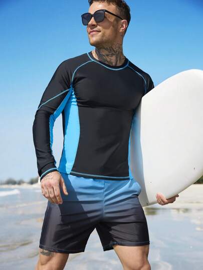 Surfspeed مجموعة سباحة للرجال 2 قطعة تتكون من ملابس علوية بأكمام طويلة ذات رقبة دائرية وقصيرة بخطوط ملونة ، وسروال سباحة، أسلوب هاواي