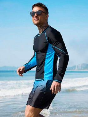 Surfspeed مجموعة سباحة للرجال 2 قطعة تتكون من ملابس علوية بأكمام طويلة ذات رقبة دائرية وقصيرة بخطوط ملونة ، وسروال سباحة، أسلوب هاواي