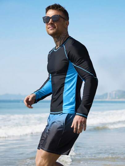 Surfspeed مجموعة سباحة للرجال 2 قطعة تتكون من ملابس علوية بأكمام طويلة ذات رقبة دائرية وقصيرة بخطوط ملونة ، وسروال سباحة، أسلوب هاواي