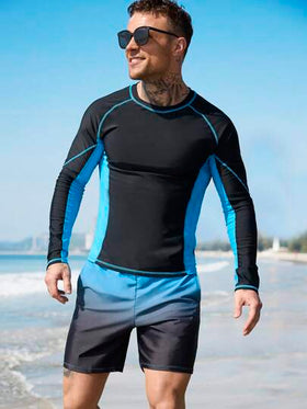 Surfspeed مجموعة سباحة للرجال 2 قطعة تتكون من ملابس علوية بأكمام طويلة ذات رقبة دائرية وقصيرة بخطوط ملونة ، وسروال سباحة، أسلوب هاواي
