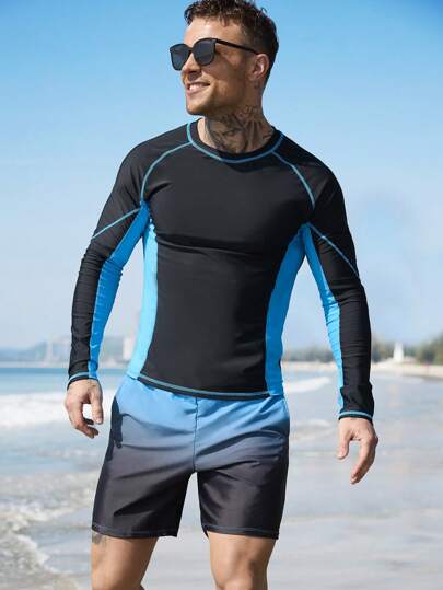 Surfspeed مجموعة سباحة للرجال 2 قطعة تتكون من ملابس علوية بأكمام طويلة ذات رقبة دائرية وقصيرة بخطوط ملونة ، وسروال سباحة، أسلوب هاواي