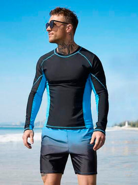 Surfspeed مجموعة سباحة للرجال 2 قطعة تتكون من ملابس علوية بأكمام طويلة ذات رقبة دائرية وقصيرة بخطوط ملونة ، وسروال سباحة، أسلوب هاواي