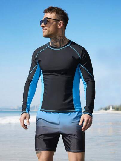 Surfspeed مجموعة سباحة للرجال 2 قطعة تتكون من ملابس علوية بأكمام طويلة ذات رقبة دائرية وقصيرة بخطوط ملونة ، وسروال سباحة، أسلوب هاواي