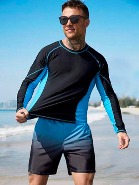 Surfspeed مجموعة سباحة للرجال 2 قطعة تتكون من ملابس علوية بأكمام طويلة ذات رقبة دائرية وقصيرة بخطوط ملونة ، وسروال سباحة، أسلوب هاواي