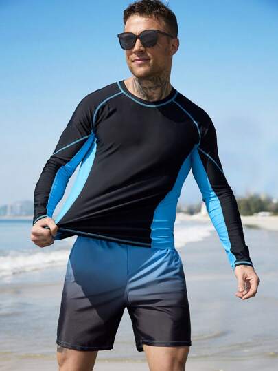 Surfspeed مجموعة سباحة للرجال 2 قطعة تتكون من ملابس علوية بأكمام طويلة ذات رقبة دائرية وقصيرة بخطوط ملونة ، وسروال سباحة، أسلوب هاواي