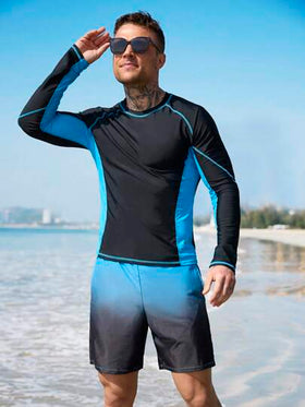 Surfspeed مجموعة سباحة للرجال 2 قطعة تتكون من ملابس علوية بأكمام طويلة ذات رقبة دائرية وقصيرة بخطوط ملونة ، وسروال سباحة، أسلوب هاواي