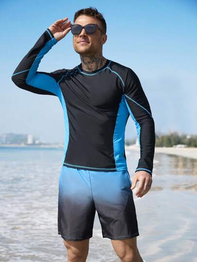 Surfspeed مجموعة سباحة للرجال 2 قطعة تتكون من ملابس علوية بأكمام طويلة ذات رقبة دائرية وقصيرة بخطوط ملونة ، وسروال سباحة، أسلوب هاواي