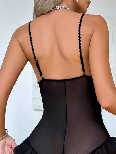 SHEIN ملابس داخلية شفافة رقيقة مطرزة بألوان عتيقة أنيقة للنساء بتصميم كشكشة الأطراف وظهر مكشوف