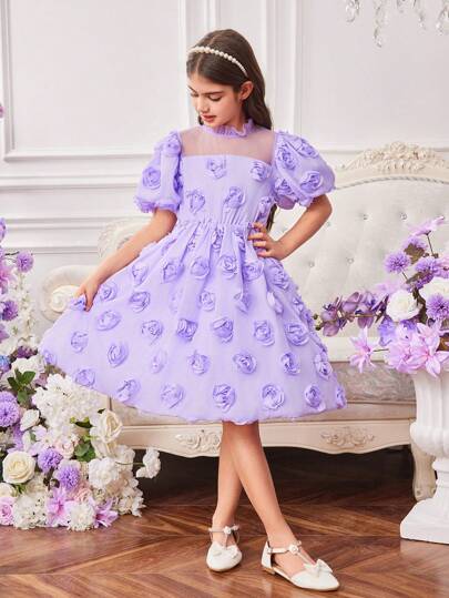 SHEIN فستان أنيق مناسب للحفلات والخروجات مزين بزهور الوردة الأنيقة للفتيات المراهقات