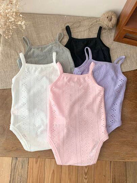 SHEIN LMoss Kids 5 قطع/مجموعة بدلة داخلية مضفرة بدون أكمام للأطفال الرضع البنات، ألوان سادة، صيفي