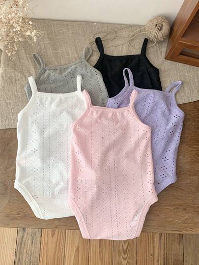 SHEIN LMoss Kids 5 قطع/مجموعة بدلة داخلية مضفرة بدون أكمام للأطفال الرضع البنات، ألوان سادة، صيفي