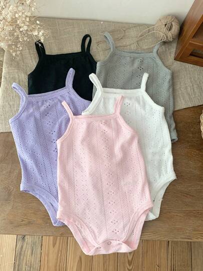 SHEIN LMoss Kids 5 قطع/مجموعة بدلة داخلية مضفرة بدون أكمام للأطفال الرضع البنات، ألوان سادة، صيفي