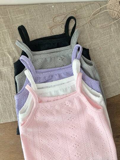 SHEIN LMoss Kids 5 قطع/مجموعة بدلة داخلية مضفرة بدون أكمام للأطفال الرضع البنات، ألوان سادة، صيفي