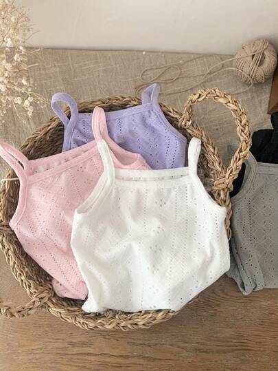 SHEIN LMoss Kids 5 قطع/مجموعة بدلة داخلية مضفرة بدون أكمام للأطفال الرضع البنات، ألوان سادة، صيفي
