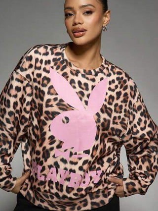 MISSGUIDED Missguided x Playboy بلوفر قصير معالج بطبعة النمر، شعار أرنب وردي رجعي بقصة واسعة، بيان الشارع الأزياء، تعاون موضة خريف وشتاء للاستخدام اليومي