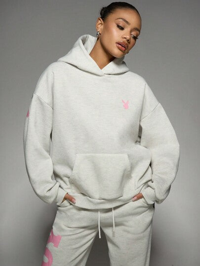 MISSGUIDED Missguided x Playboy هوديي بشعار كبير الحجم ملابس الشارع الكلاسيكية ، بلوزة بنمط بحر كاجوال ، ضروريات الشتاء ، ملابس استرخاء