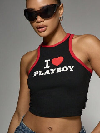 Missguided x Playboy MISSGUIDED ملابس علوية كاجوال أكمام قصيرة بطباعة النص وحزام تباين