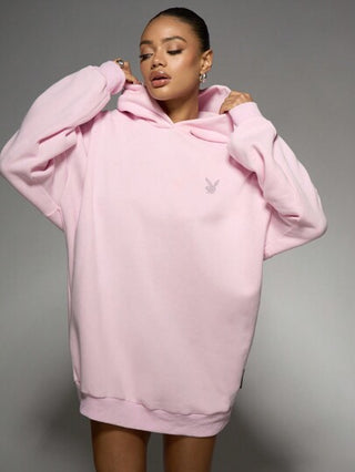 MISSGUIDED Missguided x Playboy فستان هوودي مطرز بشعار أرنب من الكريستال فضفاض بيان للشارع، بتزيين بلورات، قطعة رياضية طويلة الطول أنيقة لارتداء في الحفلات والنوادي خلال فصل الشتاء