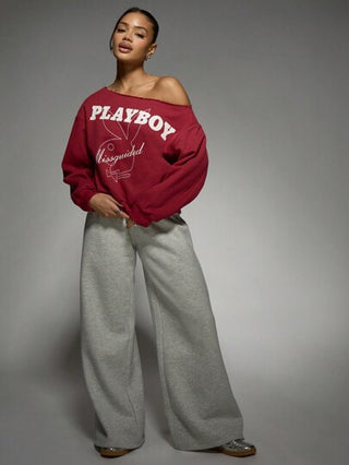 MISSGUIDED Missguided x Playboy تعاون كم واحد من الكتف قطع غرافيك مطبوع على ملابس تريكو أنيقة، لوحة رسالة موضة الشارع ، ملابس منزلية رياضية لفصلي الخريف والشتاء