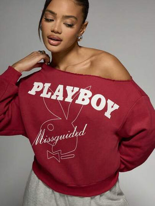 MISSGUIDED Missguided x Playboy تعاون كم واحد من الكتف قطع غرافيك مطبوع على ملابس تريكو أنيقة، لوحة رسالة موضة الشارع ، ملابس منزلية رياضية لفصلي الخريف والشتاء