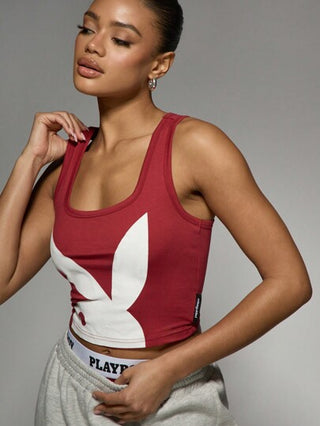 Missguided x Playboy MISSGUIDED تيشيرت كاجوال بياقة مستدقة ظهر سباق بدون أكمام مطبوع برسوم الأرنب