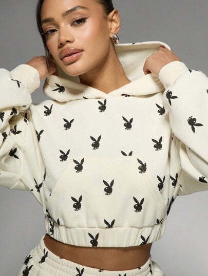 MISSGUIDED Missguided x Playboy هوديي كروب مطبوع عليه رسومات إرنب، سحاب، تنورة الشارع، أزياء الملابس المنزلية، ملابس رياضية موسم الخريف والشتاء والربيع