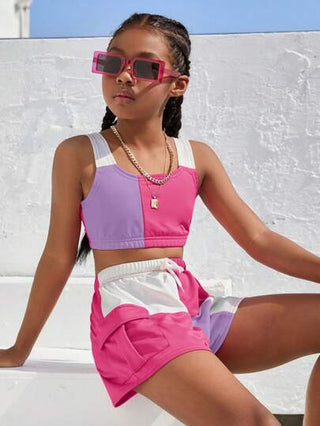 girls-sets طقم ملابس علوية كشكش الحواف وشورت من قطعتين للفتيات البالغات،لون الباتشوورك باللونين المتباينين
