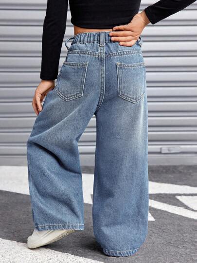 SHEIN بنطلون جينز أزرق فضفاض غير متماثل الخصر بطراز فينتاج Y2K، مناسب للخريف والشتاء،