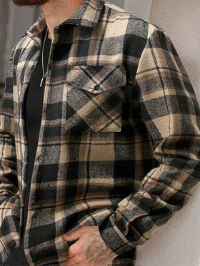 Manfinity Homme قميص رجالي طويل الأكمام مربع النمط مع جيوب للخريف والشتاء