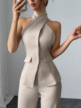 Modelyn مجموعة قطعتين للمرأة بلون أحادي بتصميم كشكش وبنطلون مرتديا معا للمناسبات العادية
