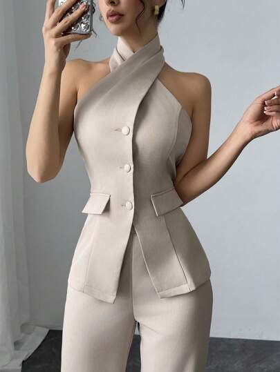 طقم حريمي قطعتين Modelyn مجموعة قطعتين للمرأة بلون أحادي بتصميم كشكش وبنطلون مرتديا معا للمناسبات العادية