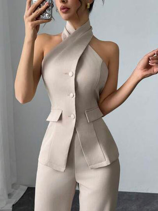 طقم حريمي قطعتين Modelyn مجموعة قطعتين للمرأة بلون أحادي بتصميم كشكش وبنطلون مرتديا معا للمناسبات العادية