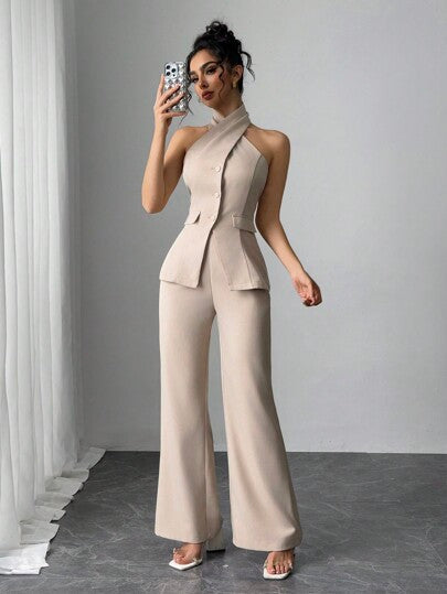 Modelyn مجموعة قطعتين للمرأة بلون أحادي بتصميم كشكش وبنطلون مرتديا معا للمناسبات العادية