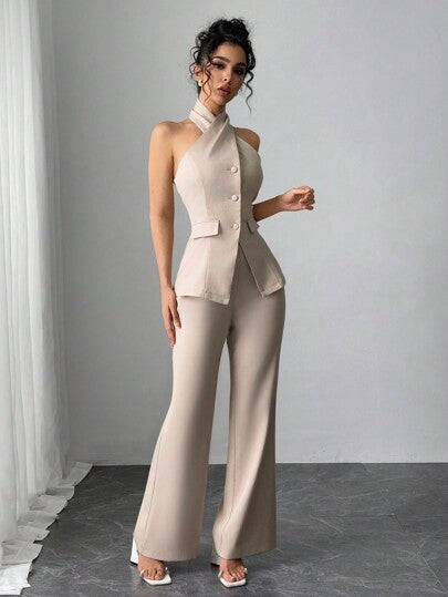 Modelyn مجموعة قطعتين للمرأة بلون أحادي بتصميم كشكش وبنطلون مرتديا معا للمناسبات العادية