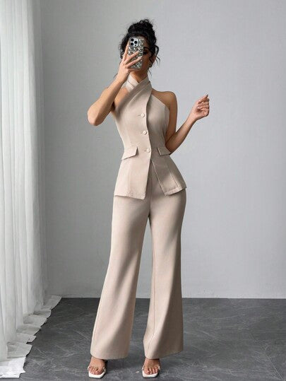 طقم حريمي قطعتين Modelyn مجموعة قطعتين للمرأة بلون أحادي بتصميم كشكش وبنطلون مرتديا معا للمناسبات العادية