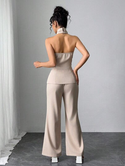 طقم حريمي قطعتين Modelyn مجموعة قطعتين للمرأة بلون أحادي بتصميم كشكش وبنطلون مرتديا معا للمناسبات العادية