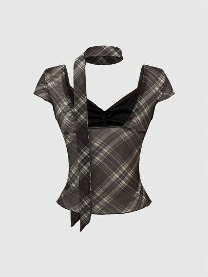 ROMWE J-Fashion تي شيرت قصيرة للنساء ذات تصميم شكل الخطوط اللاتحام بشكل عصري، مناسبة للارتداء اليومي
