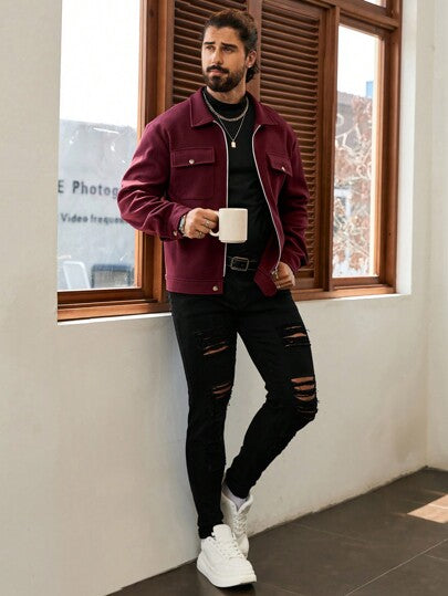 Manfinity CasualCool معطف قصير لون أحادي للرجال ، أسلوب كاجوال، معطف شتوي أحمر للرجال في الخريف، ملابس رجالية في الخريف، معطف طويل الأكمام مبطن للرجال