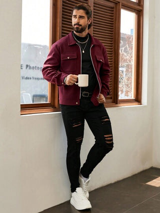 Manfinity CasualCool معطف قصير لون أحادي للرجال ، أسلوب كاجوال، معطف شتوي أحمر للرجال في الخريف، ملابس رجالية في الخريف، معطف طويل الأكمام مبطن للرجال