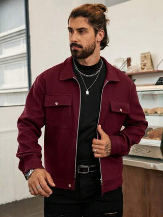 Manfinity CasualCool معطف قصير لون أحادي للرجال ، أسلوب كاجوال، معطف شتوي أحمر للرجال في الخريف، ملابس رجالية في الخريف، معطف طويل الأكمام مبطن للرجال
