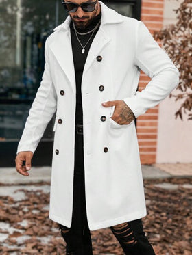 Manfinity Homme معطف طويل أنيق أحادي اللون ذو صدر مزدوج وأكمام طويلة وجيوب، للخريف والشتاء، باللون الأبيض، طراز قديم