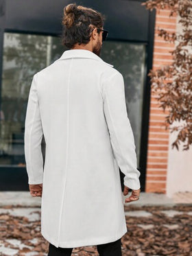 Manfinity Homme معطف طويل أنيق أحادي اللون ذو صدر مزدوج وأكمام طويلة وجيوب، للخريف والشتاء، باللون الأبيض، طراز قديم