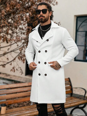 Manfinity Homme معطف طويل أنيق أحادي اللون ذو صدر مزدوج وأكمام طويلة وجيوب، للخريف والشتاء، باللون الأبيض، طراز قديم