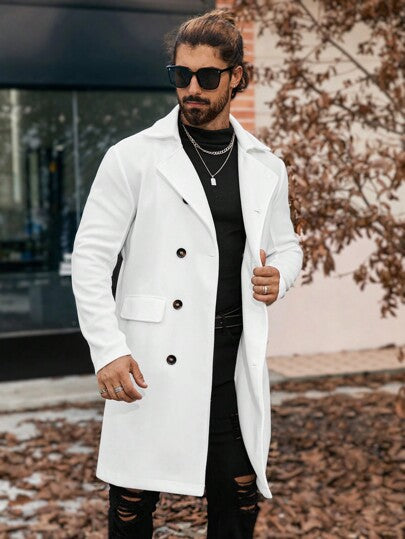 Manfinity Homme معطف طويل أنيق أحادي اللون ذو صدر مزدوج وأكمام طويلة وجيوب، للخريف والشتاء، باللون الأبيض، طراز قديم