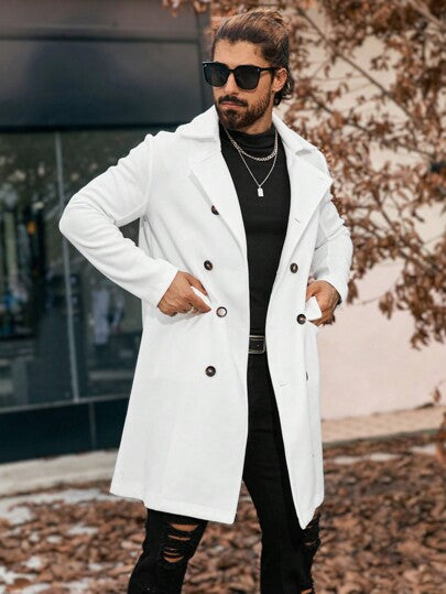 Manfinity Homme معطف طويل أنيق أحادي اللون ذو صدر مزدوج وأكمام طويلة وجيوب، للخريف والشتاء، باللون الأبيض، طراز قديم